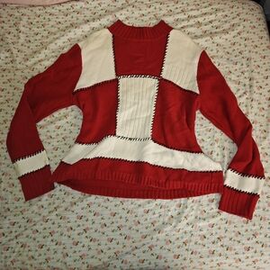 Liz Claiborne Red and White Patchwork Turtleneck Sweater
